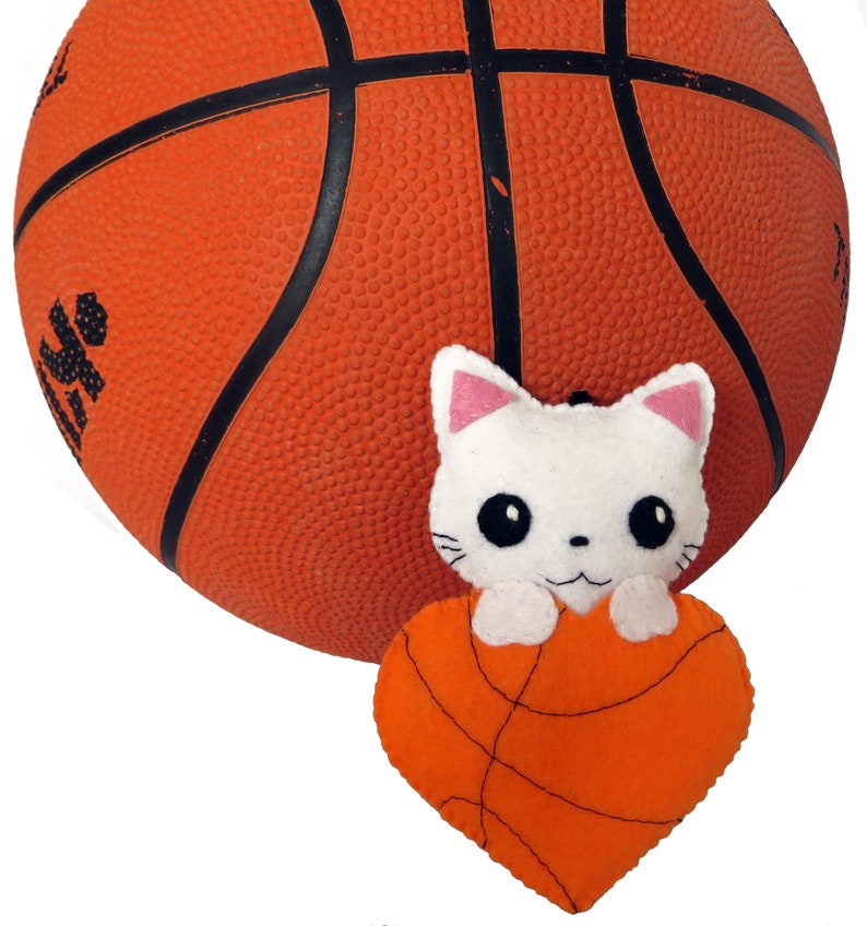 cute cat plush in felt basketball lover gift in an heart ball Basketball gift handmade orange