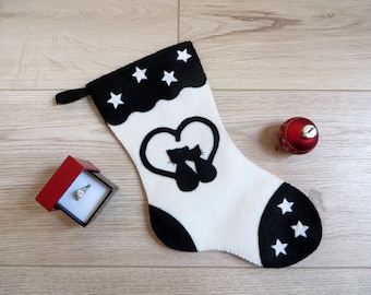 Cats Christmas stocking, gift for couple, black and white, to fill and hang on, in felt, handmade