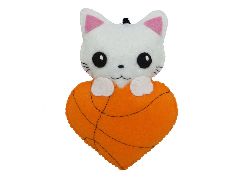 cute cat plush in felt basketball lover gift in an heart ball Basketball gift handmade orange