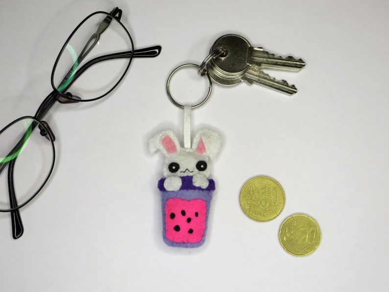 Bubble tea kawaii bunny, adorable felt key ring, handmade bag charm, cute little gift image 4