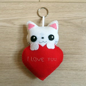 Felt cat in a heart plush love gift kawaii handmade cute I love you