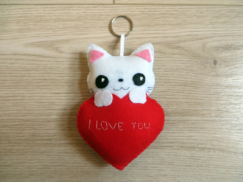 Felt cat in a heart plush, love gift, kawaii, handmade, cute bag charm I love you