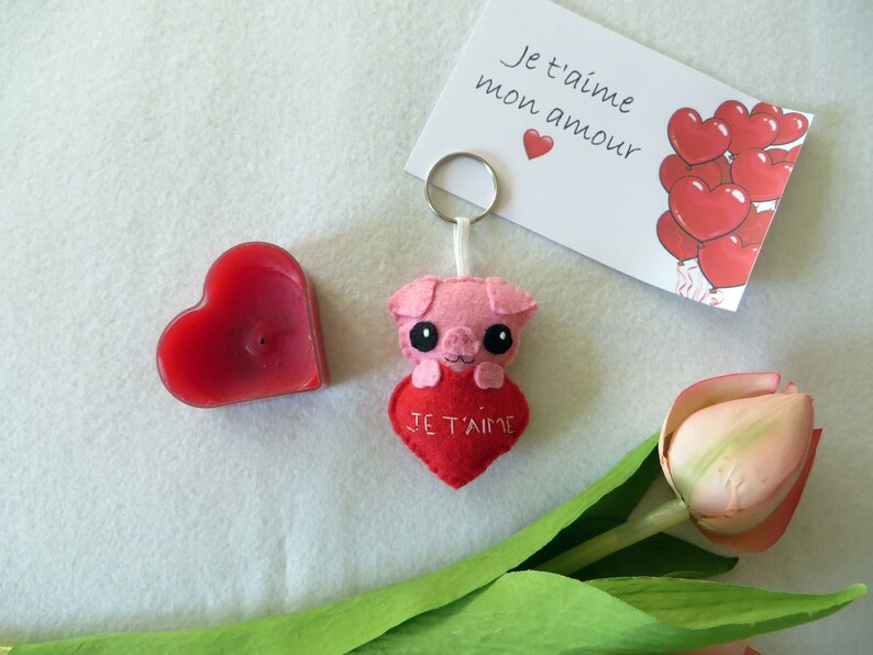 Felt pig keychain love gift  for women cute in a heart image 1