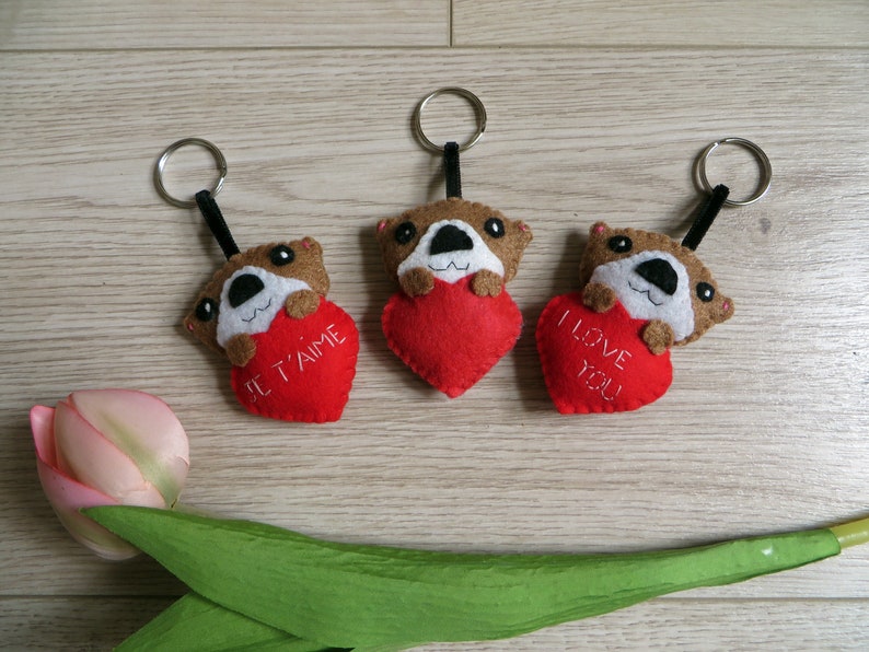 Otter keychain in a red heart felt handmade love gift image 1