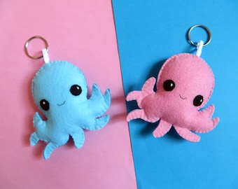 Pieuvre kawaii, adorable peluche poulpe réversible, content pas content, en feutrine, bijou de sac fait main, petit cadeau mignon