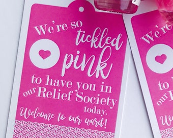 INSTANT DOWNLOAD Welcome to Relief Society Young Womens New Member Visitor TIckled Pink Tags Treats Gifts Printables LDS Mormon Church