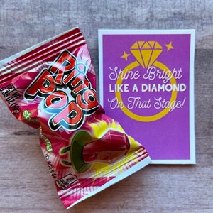 DESCARGA INSTANTE Dance Cheer Competition Ring Pop Imprimibles Etiquetas Shine Regalos Golosinas Tarjetas de escenario Porristas Bailando Hermanas Pom Candy