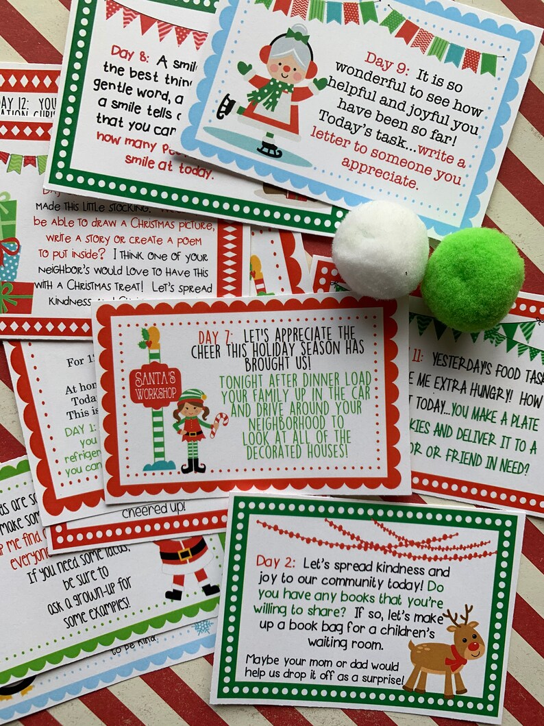 12 days of christmas kindness elf elves printables tags santa etsy
