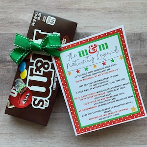 DESCARGA INSTANTÁNEA Leyenda de la Natividad de M&M Imprimibles navideños Etiquetas Regalos Golosinas Tarjetas Chocolate Dulces MM Historia de ministración de M y M Pastor