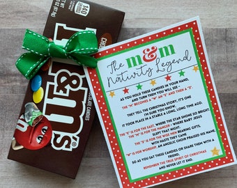 DOWNLOAD IMMEDIATO M&M Natività Leggenda Natale Stampabili Etichette Regali Dolcetti Biglietti Cioccolato Caramelle MMs M e M Storia del ministero Pastore