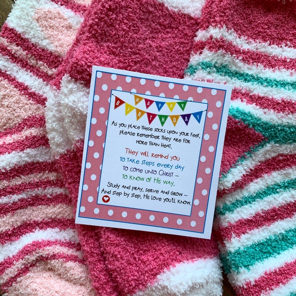 INSTANT DOWNLOAD Birthday Socks Fuzzy Feet Tags Cards Relief Society Gifts LDS Mormon Printables Friends Young Womens Church Primary Treats