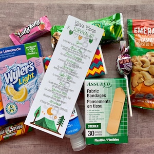 SOFORTIGER DOWNLOAD Mädchen Camp Survival Kit Kissen Leckerei geheime Schwester Geschenke Junge Frauen Printables Tags Kirche Motivation Karten Camping