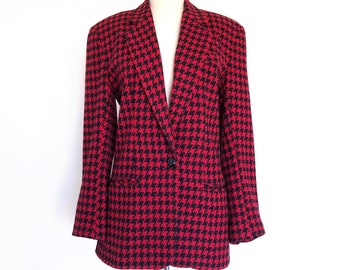 1980er Houndstooth Blazer mit Schulterpolstern - Rot & Schwarz Wolle - Größe S