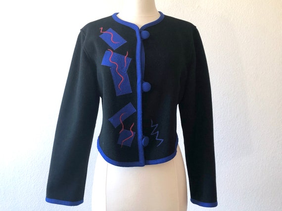 Cropped Black Jacket with Red & Blue Abstract Patt