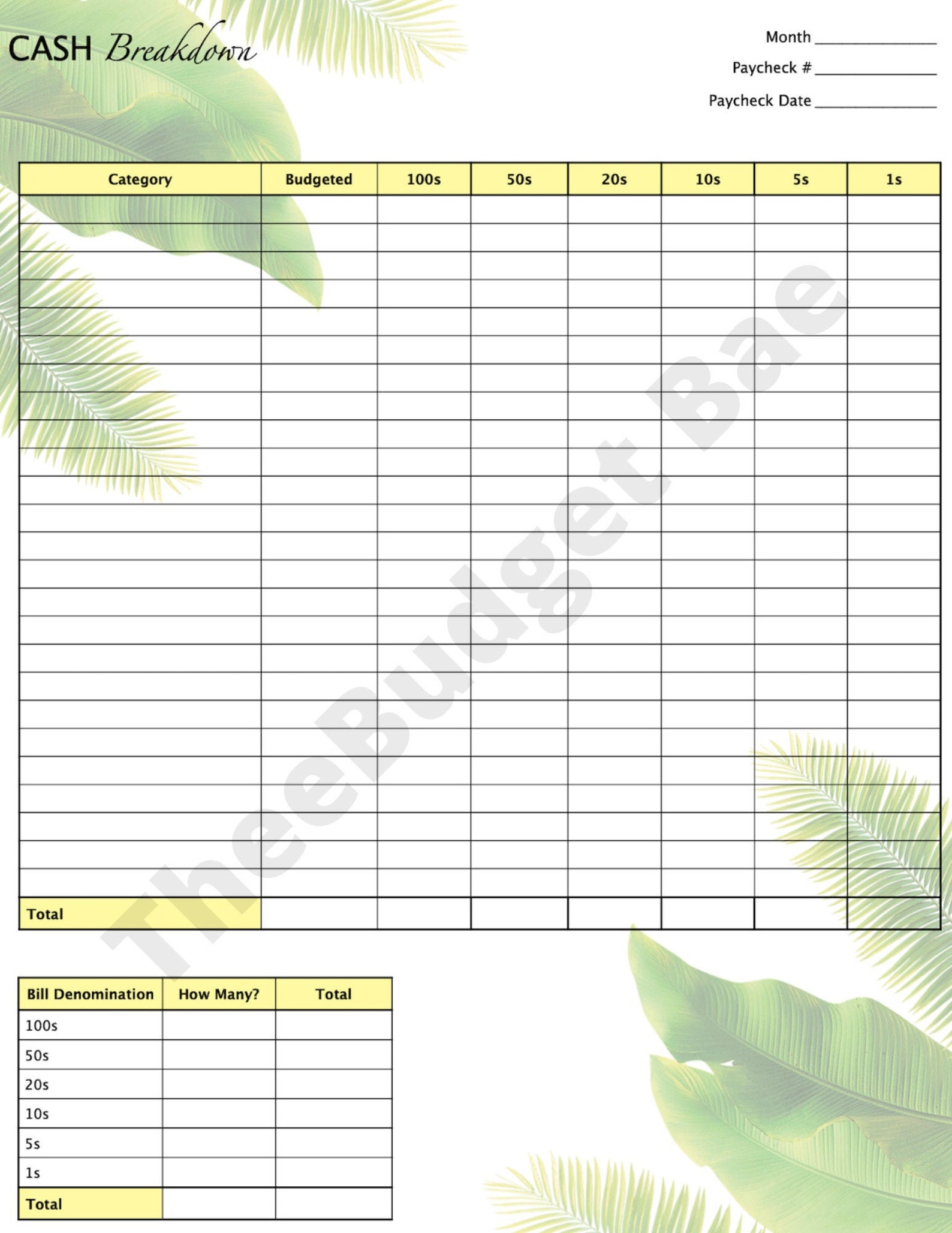 Cash Breakdown Printable/Digital Download Cash Envelope | Etsy