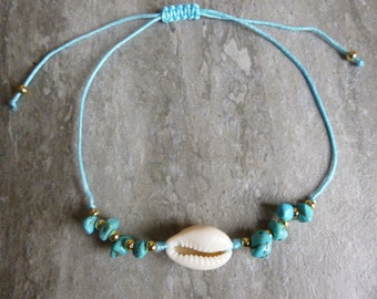 Cowrie Shell & Turquoise chip bead bracelet/Adjustable Cord Bracelet.