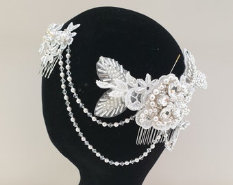 Lace Bridal Hair piece - Bridal hair accessories, Wedding hair piece lace, Bridal headpiece, Ivory headpiece, Lace headpiece, Flower hair,UK