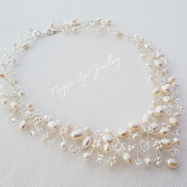 Freshwater pearl Necklace - Pearl Bridal necklace - Pearl wedding necklace - Pearl jewellery set - Necklace for bride, V shape necklace