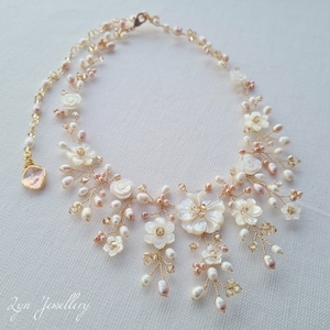 Blush pink Gold Bridal necklace, Gold Wedding necklace, pearl necklace, Bridal jewellery, Wedding jewellery, Bridal jewelry, Wedding jewelry