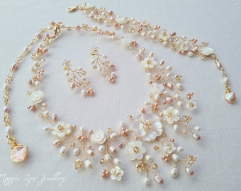 Gold Bridal Jewellery set - Gold Jewelry set - Blush pink Jewelry - Bridal jewelry set, Wedding jewellery, Pearl jewellery set, Matching. uk