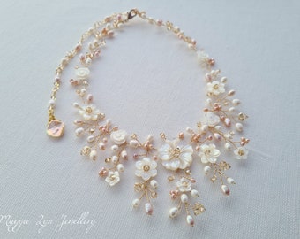 Gold Bridal necklace - Gold Wedding necklace - Pink pearl necklace, Bridal jewellery, Wedding jewellery, Bridal jewelry, Wedding jewelry, UK