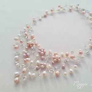 Blush pink bridal necklace, Blush pink wedding necklace, Pink pearl necklace, silver bridal necklace, back drop necklace, vine necklace, uk