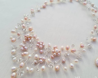 Blush pink bridal necklace, Blush pink wedding necklace, Pink pearl necklace, delicate v shaped necklace, silver bridal necklace, back drop