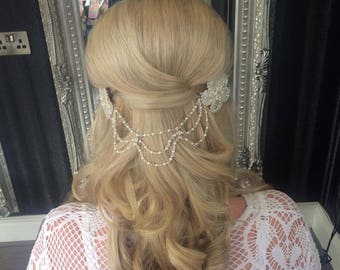 Bridal headpiece, Bridal hair piece, boho headpiece, flower headpiece, Flower hair piece, Hair drapes, Hair chain, pearl headpiece, wedding