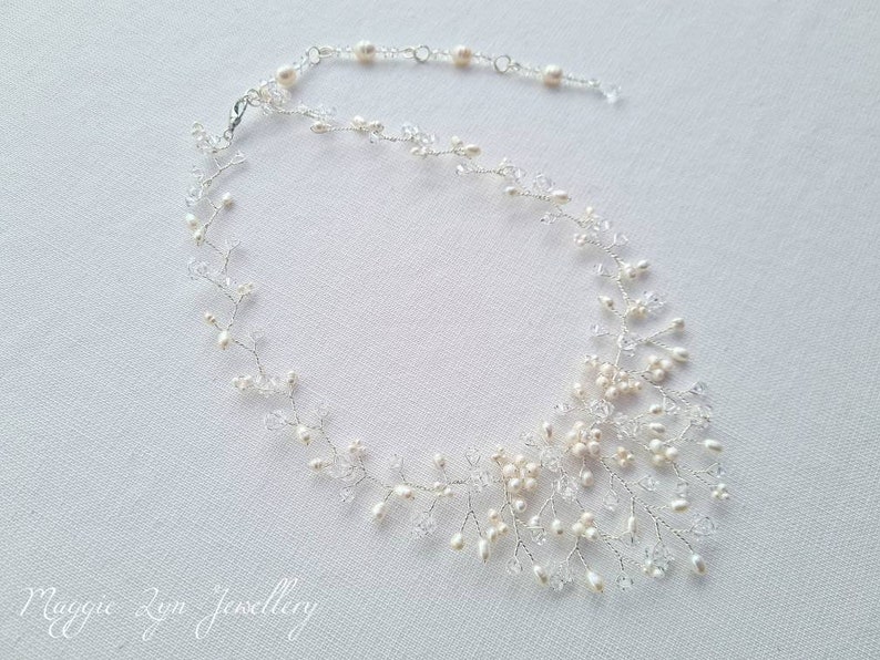 Freshwater pearl bridal necklace, handmade with Swarovski crystals and ivory pearls