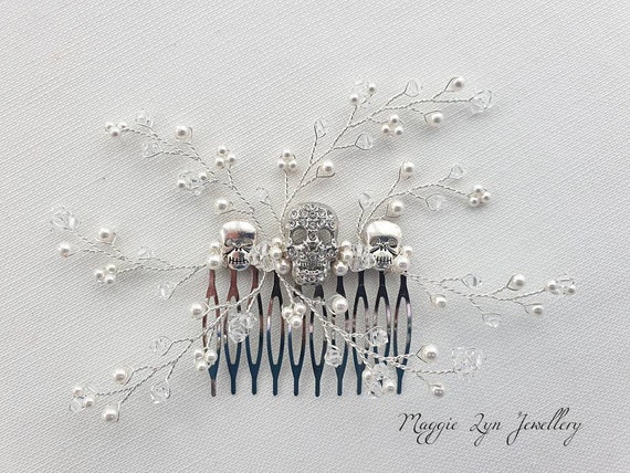crystals gothic Skull Bridal hair comb Goth wedding hair accessories 