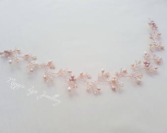 Rose gold hair vine - Blush hair vine - Bridal hair vine - Rose Gold headband, bridal headband, Pink pearl hair vine, wedding hair vine