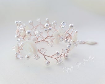 Gioielli da sposa in oro rosa - Bracciale in oro rosa - Bracciale da matrimonio in oro rosa - Bracciale di perle in oro rosa - Set di gioielli da sposa - Bracciale rigido da sposa