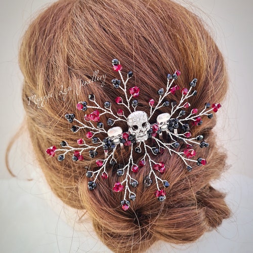Black + Red Wedding Hair Accessory - Gothic Hair Piece - Gothic