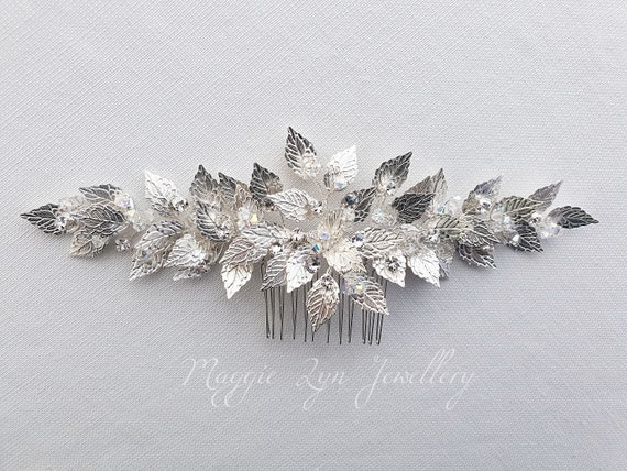 Silver Leaf Hair Comb - Silver Leaf Headpiece - Silver  display picture 2