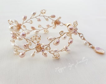 Gold Bridal bracelet - Gold Wedding bracelet - Blush pearl bracelet -  Autumnal bracelet - Vine Bracelet - Gold Bridal jewellery, blush, uk