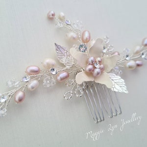 Peineta de novia - Peineta de perla rosa rubor - Accesorios para el cabello de novia rubor - Peineta plateada y ruborizada, Peineta para damas de honor. Boda