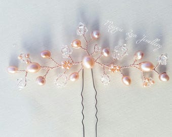 Pink Bridal hair pins - Pink wedding hair accessories - Pink pearl hair pins - Rose Gold Hair pins - Rose Gold Bridesmaids hair accessories