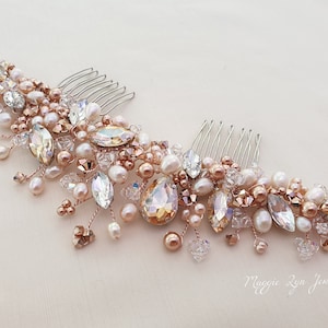 Peineta de oro rosa - Peineta de novia - Accesorios para el cabello de oro rosa - Accesorios para el cabello de novia - Pieza para el cabello con perla ruborizada - Pasador para el cabello - Reino Unido