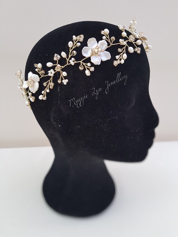 Gold Bridal Halo - Gold Hair Vine - Pearl Flower Crown  display picture 1