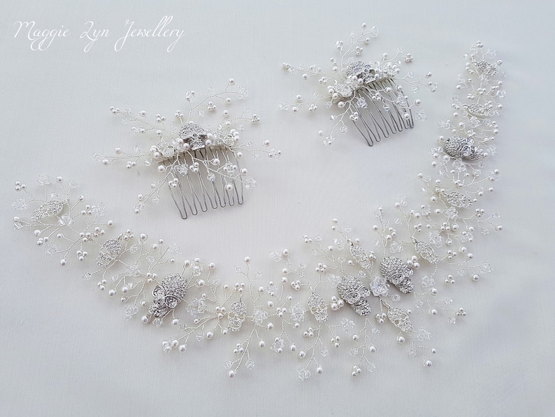 Skull hair accessory UK handmade wedding comb bride goth gothic wedding headdress hair piece headpiece black flower Bridal hair vine