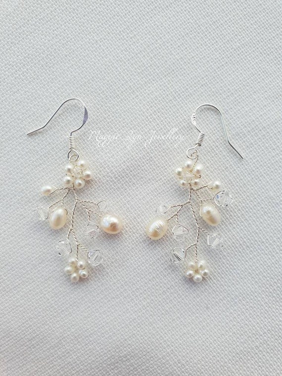 Insect Pattern Freshwater Pearl Earrings with Weave Craft in 925 Sterling Silver for Spring Wedding