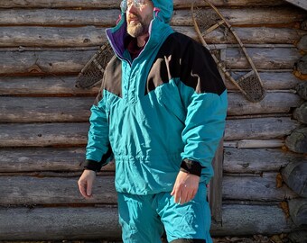 90s Ski Suit! Vintage EMS 2 Piece Lightweight Spring Skiing Powder Suit. Men's L / XL. Teal Black and Purple. See Details.