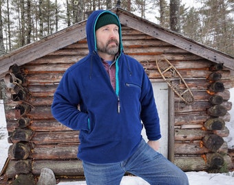 90s LL Bean Soft Fleece Anorak Hooded Jacket. Made in the USA. Blue and Green. Medium? See description for fit.