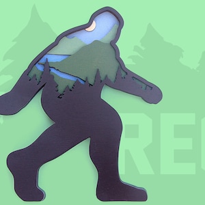 Layered Bigfoot Scene with Mountains. Sasquatch Laser Cut Art. Cryptozoology 3D Wood Wall Art. Patterson Film. Regular Size.