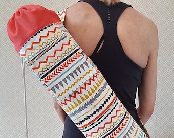 Zig Zag Stripe Print Yoga Mat Bag  - Large Patterned Yoga Mat Bag - Yoga Mat Bag with zipped pocket - Washable Drawstring Yoga Mat Bag