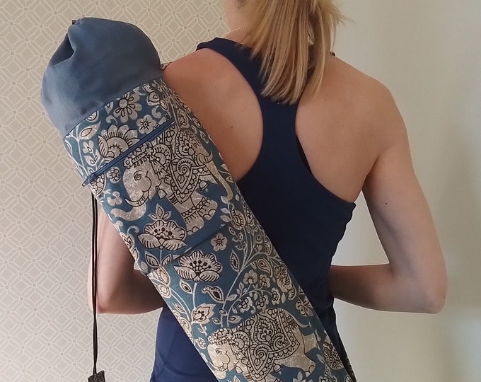Blue Elephant Print Yoga Mat Bag  - Large Patterned Yoga Mat Bag - Yoga Mat Bag with zipped pocket - Washable Drawstring Yoga Mat Bag