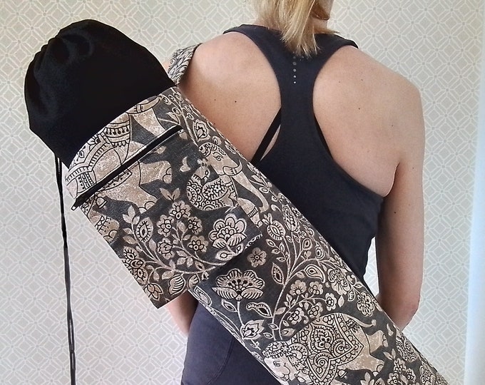 Charcoal Elephant Print Yoga Mat Bag  - Large Patterned Yoga Mat Bag - Yoga Mat Bag with zipped pocket - Washable Drawstring Yoga Mat Bag