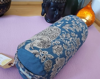 Blue Elephant Print Mini Yoga Bolster: Organic Buckwheat Fill