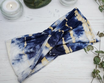 Twist Yoga Headband: Navy Tie Dye Cotton Stretch Fabric