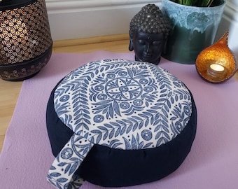 Navy & White Print Meditation Cushion - Organic Buckwheat Meditation Cushion -Zafu Cushion -Washable Yoga Cushion - Yoga Floor Cushion